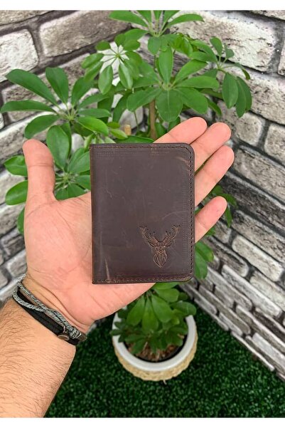 Çıkrık Guard Deer Printed Antique Tan Leather Card Holder