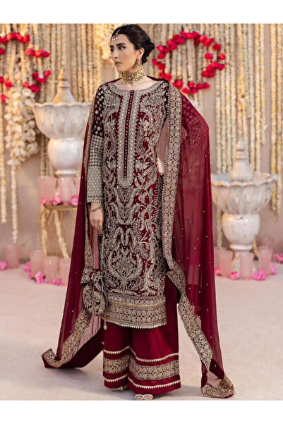 MYSMAR Red Faux Georgette Top Bottom Dupatta - HRT4514 | Red-Size:L-40-Inches