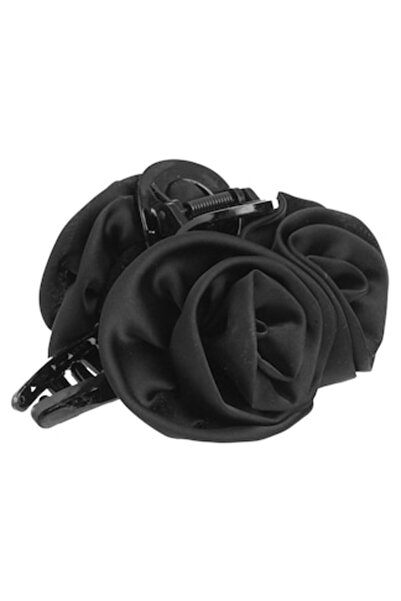 ivokid Clamă de păr neagră cu trandafir dublu din satin pentru femei 13cm