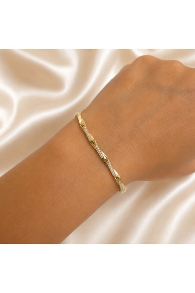 Yonida Jewelry 14K Gold Renk Kaplama Zirkon Taşlı Bambu Tasarım Luxury Bileklik