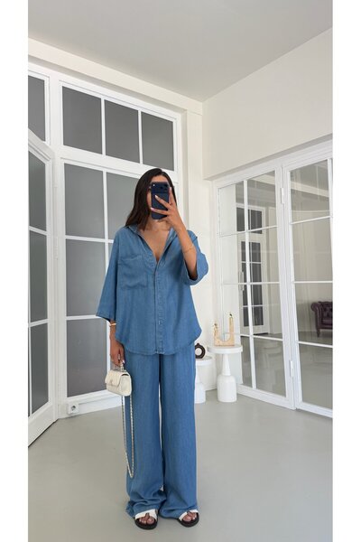 GAUS CO Mavi Gömlek Beli Lastikli Pantolon İkili Tencel Denim Takım GAUS-01791