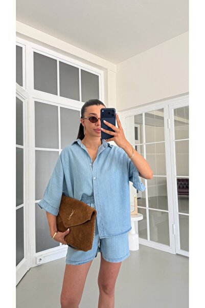 GAUS CO Mavi Tencel Denim Şortlu Gömlek Takım GAUS-01717