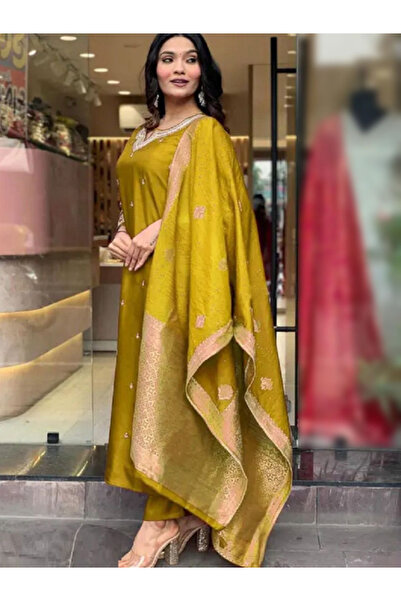 MYSMAR Mustard Green Silk Top Plazzo & Dupatta - TRT1001 - Mustard Green-Size...