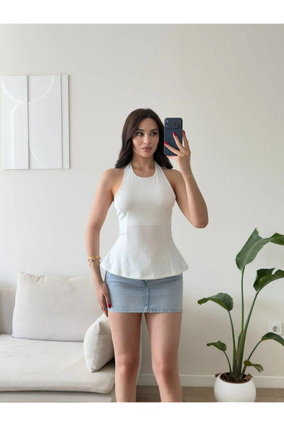 Zoom Butik Alessa Sırt Dekolteli Peplum Bluz - BEYAZ