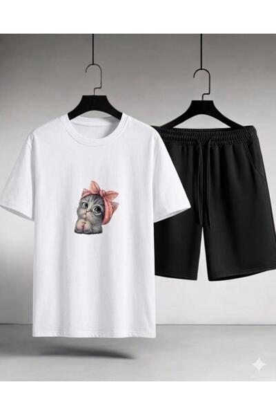 CLOTHES33 تي شيرت وشورت من قطعتين، تصميم صيفي رقيق يمتص العرق، مطبوع عليه قطة...