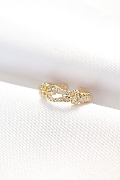 Mega Bazaar Gold Color Zircon Stone Adjustable Ring with Belt Buckle Design