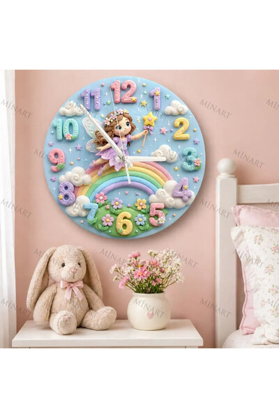 ensaat Pastel Fairy and Rainbow Children's Room Wall Clock Silent Wooden Cloc...