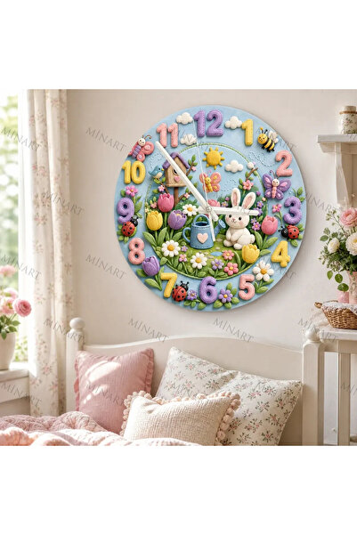 ensaat Spring Garden Rabbit Children's Room Wall Clock Silent Wooden Clock 34...