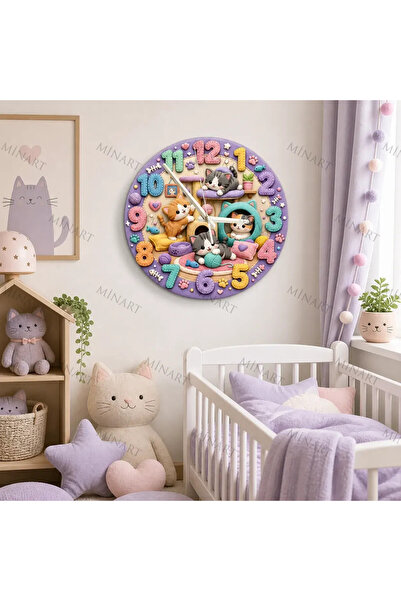 ensaat Fun Cat Kitten Children's Room Wall Clock Silent Wooden Clock 34.5 cm