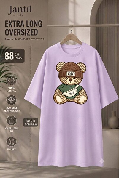 JANTIL MODA Crew Neck Bear Print Extra Long Oversize Tunic T-Shirt with Beret...
