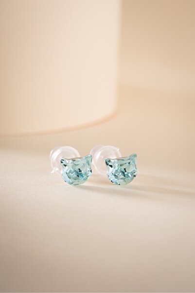 Nereze 925 Ayar Gümüş Rodyum Kaplama Blue Topaz Taşlı Kedi Model Tektaş Küpe