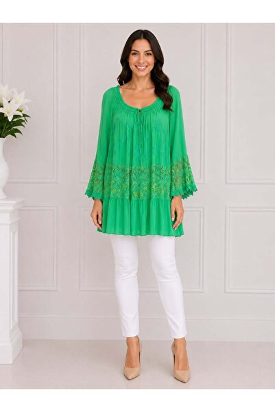 OEM Bluza rafinata cu insertii de dantela ,nuanta de verde