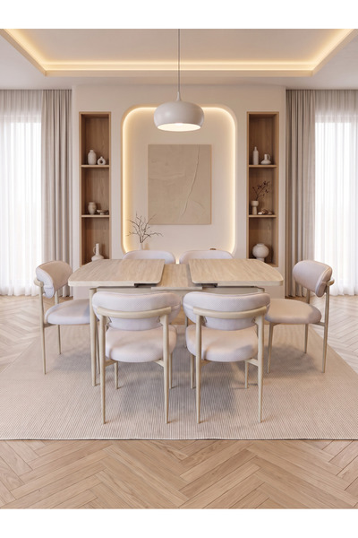 Concept Ayz Home Bella Serisi 6 Kişilik Krem Kumaş 80*130 Traverten Açılır Ma...