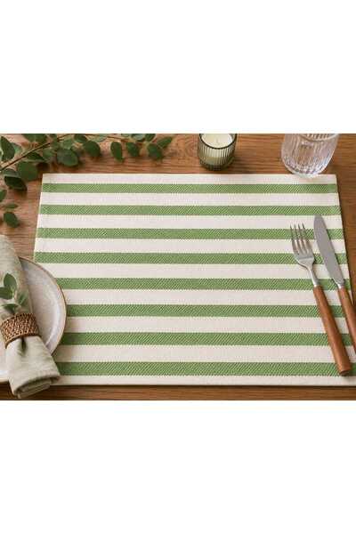 Luxoras Home Striped Green 6-Piece Natural Linen Bohemian Vintage Cream Placemat