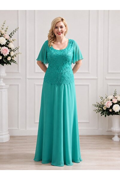 OEM Rochie turcoaz cu aspect de costum, model lung, masura mare
