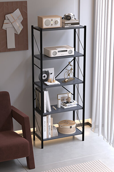 AWOX 5 Raflı Dekoratif Kitaplık Ofis Dolabı Kütüphane Rafı 150x60x30 Antrasit