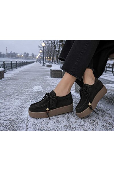 Ayser shoes Hakiki Deri Süet Taban Boyu 4 Cm Loafer Boncuklu Ayakkabı