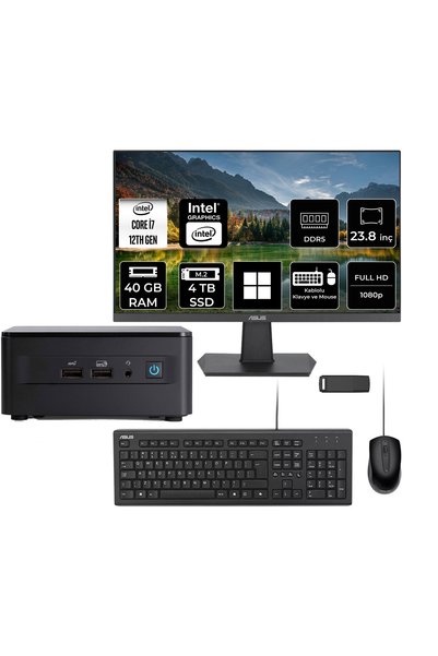 ASUS NUC 12 Pro Tall Intel Core i7-1260P 48GB RAM 256GB SSD 23.8" Full HD Monitör Win11 Pro RNUC12WSHI700002IP626 Mini Masaüstü Bilgisayar + PER4 USB BELLEK