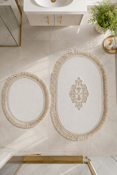 Teksev Lacy 2-Piece Non-Slip Leather-Based Oval Bath Mat with Tassels, Washab...