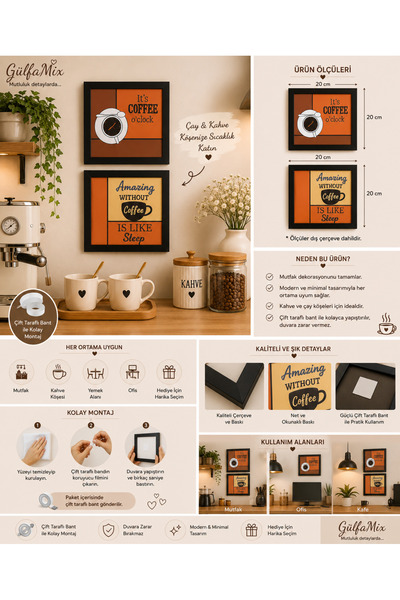 Gülfa Giftbox Coffee Bar Mutfak Dekor Tablo Seti 2'li | Çay & Kahve Köşesi Ah...