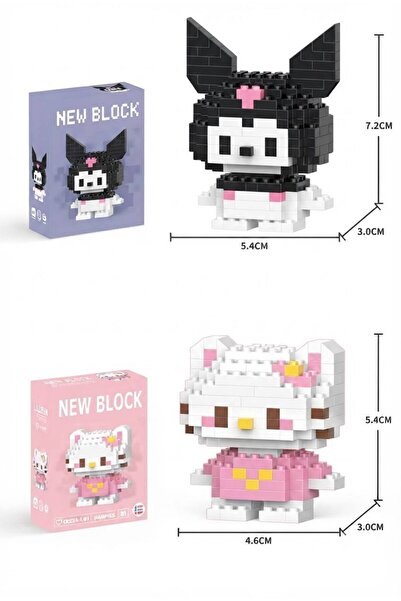 New Block Kuromi ve Hello Kitty 2'li Set 3D Mini Blok Yapı Oyuncak, Çocuk Eği...