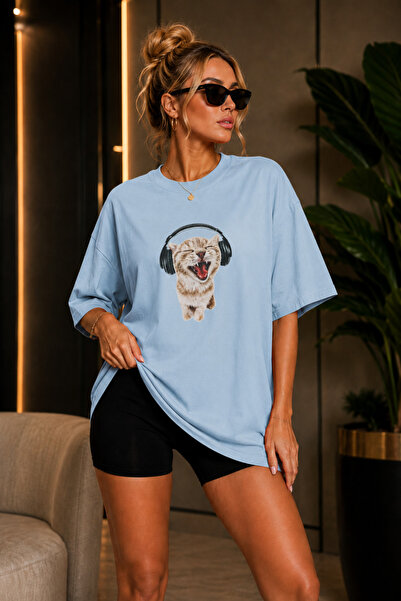 FECCY Premium Cute Cat Printed Oversize Women's T-Shirt Cotton Oversize T-Shirt