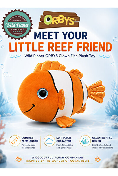 Wild Planet ORBYS Clown Fish Plush Toy, Soft Orange and White Ocean Stuffed A...