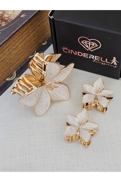 Cinderella Set of 3 Pearlescent White Lily Flower Luxury Women's Metal Hair Clips - Stylish Modern Hair Clips