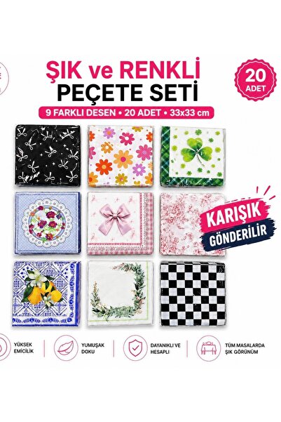 homvira 🌸 Desenli Dekoratif Kağıt Peçete – 20’li 1 Paket 🌿(Karışık Gönderilir)