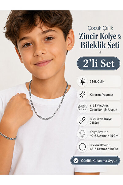 HayDün Çocuk 316L Çelik Zincir Kolye ve Bileklik 2’li Set – Ayarlanabilir, 6-...
