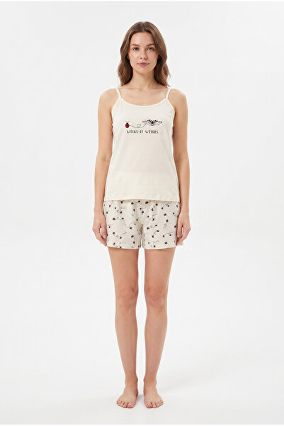 FAMES PİJAMA 100% Cotton Combed Ladybug Pattern Women's Shorts Set with Straps