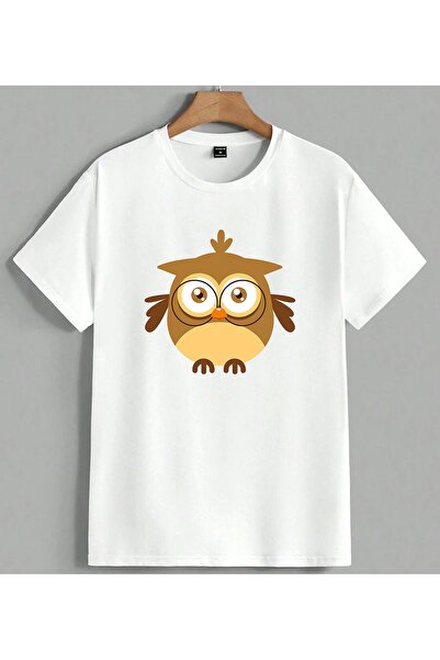 ELFERA Owl Illustration Brown Printed Unisex Oversize T-Shirt White