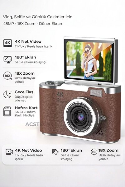 ACSTECH 4K Dijital Fotoğraf Makinesi 48MP Flip Ekran 18X Zoom Flaşlı 64GB Hed...