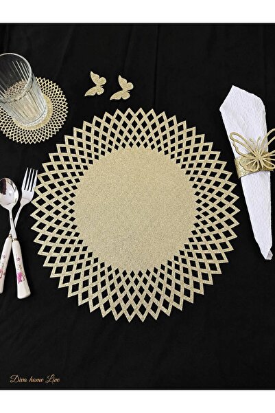 Diva Home طقم تقديم أمريكي ذهبي لامع 35x35 سم |   حامل أكواب 13×13 وحلقة مناد...