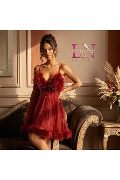 Lamis Nawar Code 613 Feather Trimmed Mesh Tulle Babydoll Lingerie Dress with Spaghetti Straps – Romantic Nightwear for Special Occasions