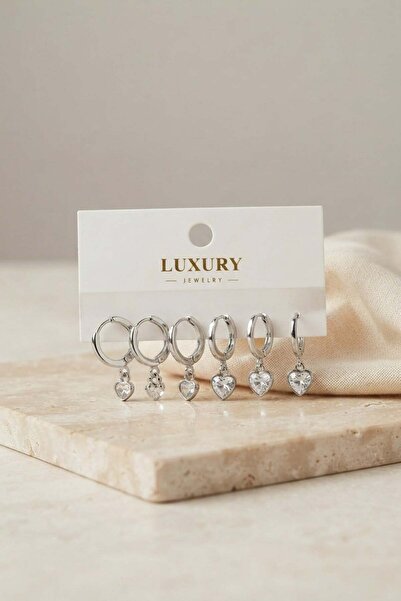 Inure Jewelry Heart Zircon Stone Silver Color Brass Set Earrings