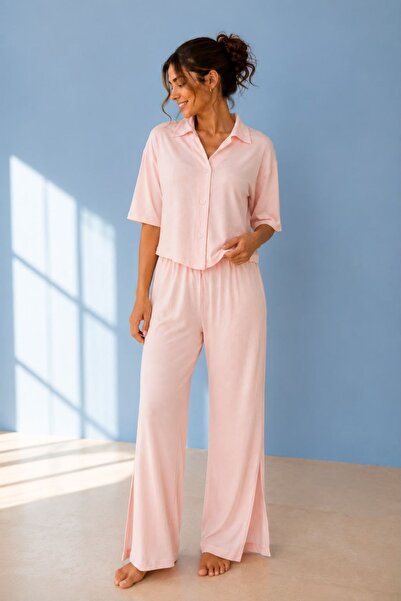 NEEWSTORE Viscose Pink Short Sleeve Slit and Button Detailed Summer Women's P...