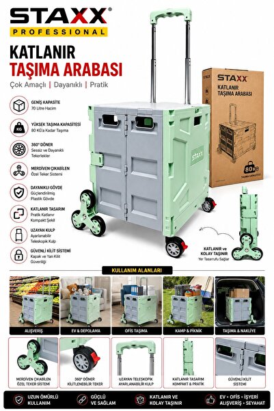 STAXX POWER 100KG Katlanır Taşıma Arabası | 70 L Katlanabilir Kasa | Merdiven...