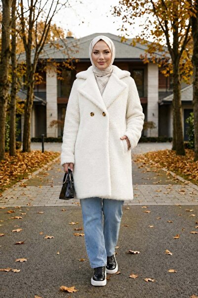 Hb Harma Time Butik Women's Double-Breasted Lined Buttoned White Plush Coat