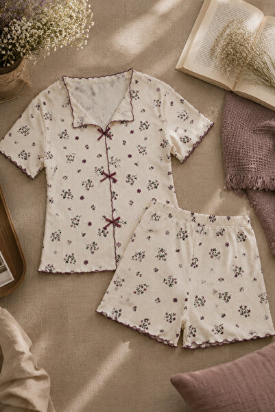 koza iç giyim Women's Floral Print Bow Detailed Ribbed Knit Short Sleeve Shor...