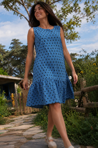 armonika Women's Blue Sleeveless Skirt Ruffled Polka Dot Dress Arm-26Y001146
