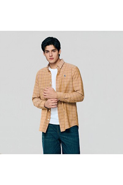 Giordano قميص رجالي بأكمام طويلة بنقشة أسد أكسفورد ضيقة