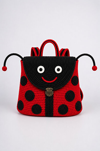 KAAN HOME Red and Black Handmade Children's Backpack with Ladybug Figure