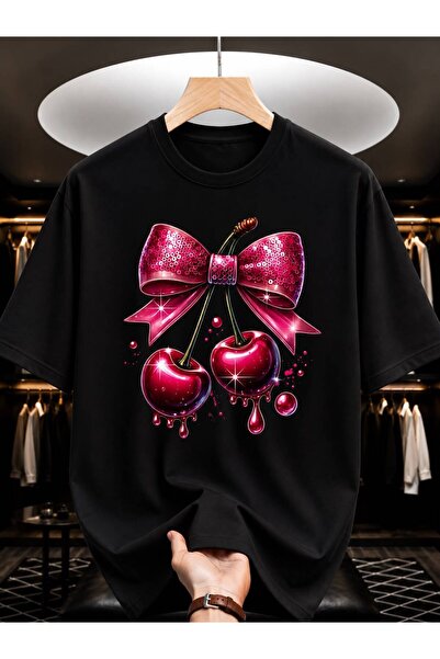 EYMORA Black Pink Cherry and Sequined Bow Printed Unisex T-Shirt