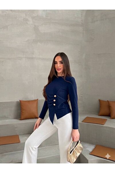 ELAY Fashion بلوزة نسائية غير متماثلة مزينة بأزرار