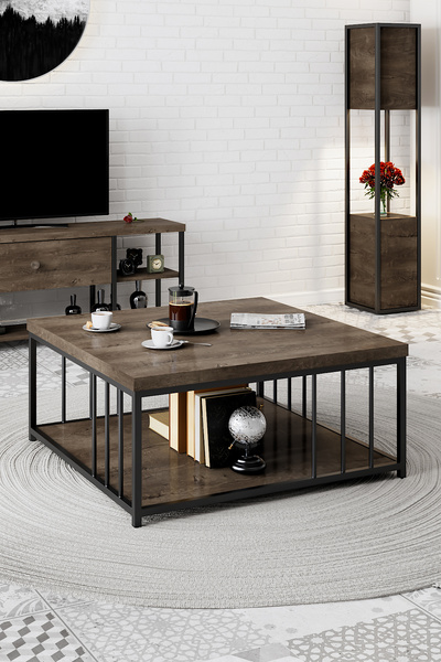 Modatte Zenn 90x90x40 Cm CEVİZ Orta Sehpa - 3.6 Cm Kalınlıkta Üst Tabla - Tym...
