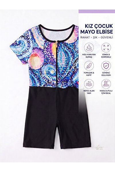 pistyle Girl's patterned swimsuit with half-zip shorts