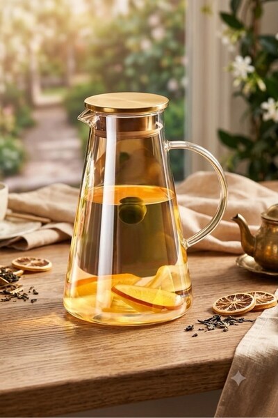 Reoona Lüks Borosilikat Cam Su ve Detoks Sürahisi Gold | Isıya Dayanıklı Bitk...