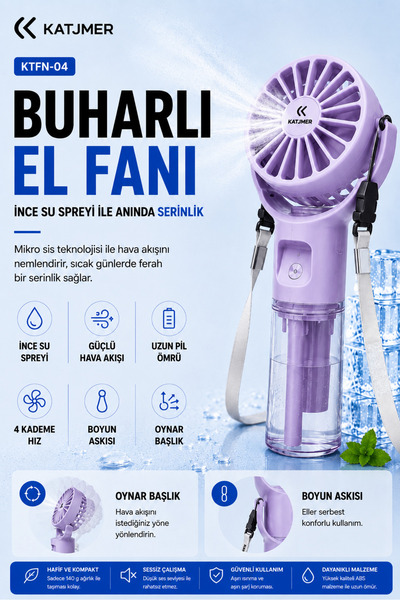 KATJMER KTFN-04 Buharlı Sulu El Fanı, 4 Kademeli Şarjlı Mini Vantilatör, İnce...