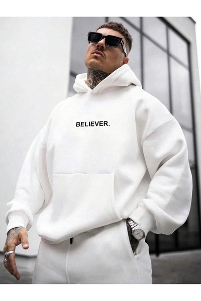 WESTİMO Men's White Believer Printed 3 Thread Hooded Hoodie Sweatshirt
